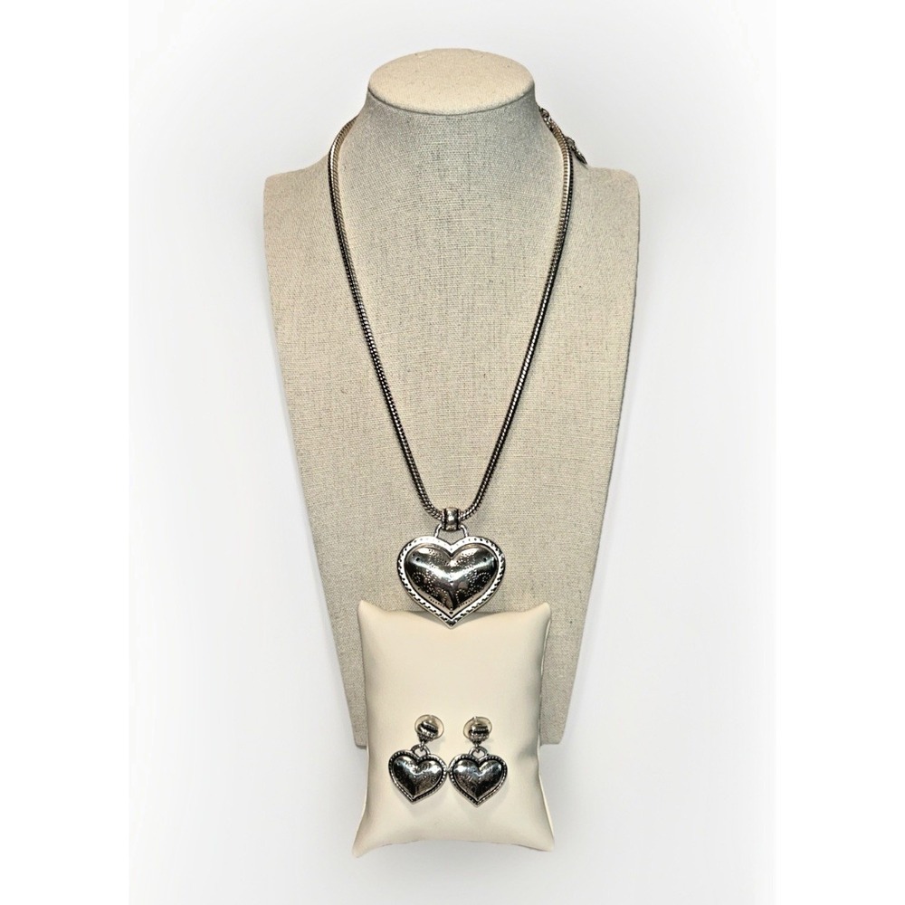 Brighton LARGE Silver Heart Coeur D'Alene Pendant‎ Necklace & Earrings Retired